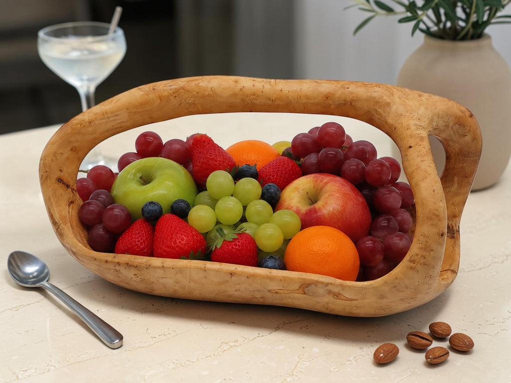 Olivenholz Obstschiffchen mit Henkel handgefertigt (34 x 18 x 15 cm)