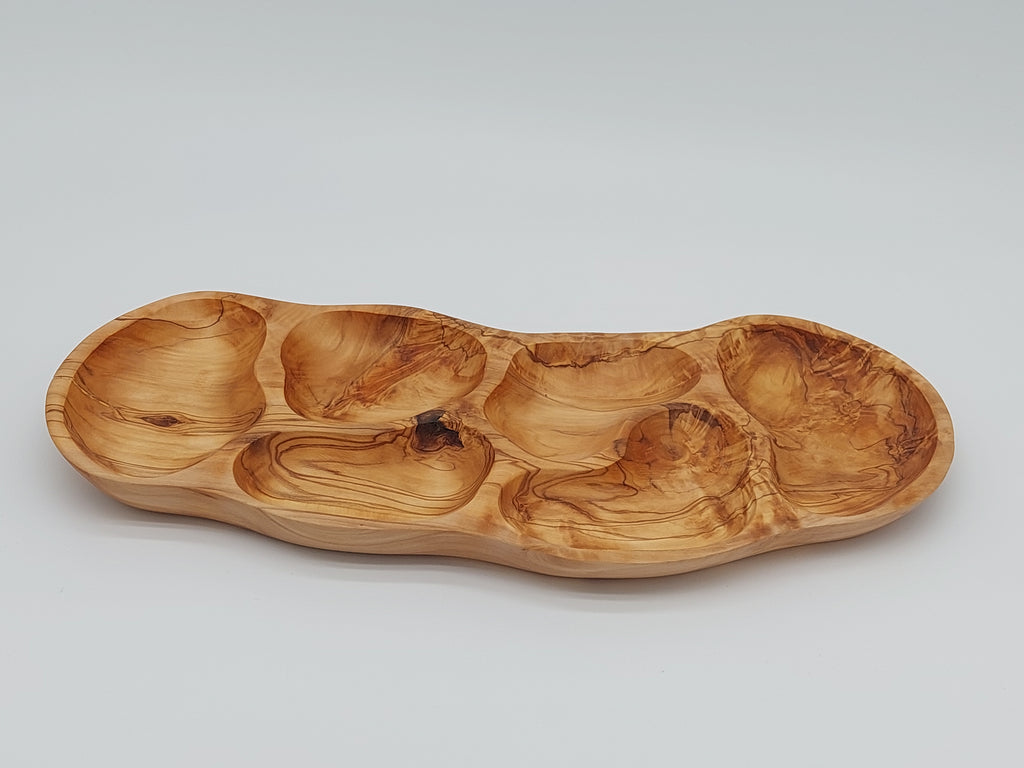 Olivenholz Antipasti-Schale 6-geteilt handgefertigt (42 x 18 cm)