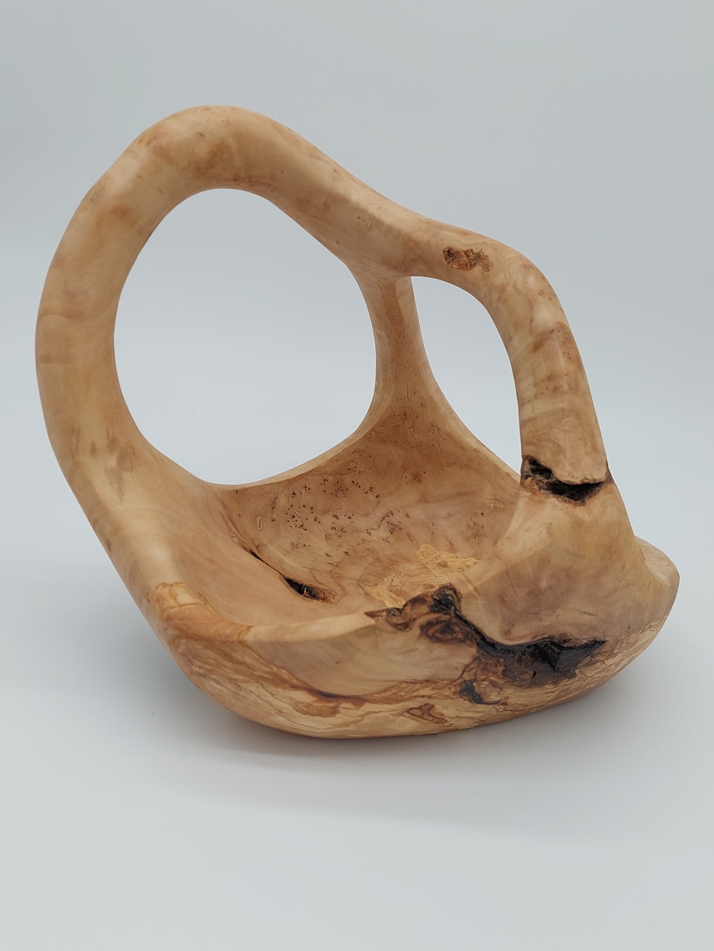 Olivenholz Obstkorb mit Henkel handgefertigt (27 x 24 x 25 cm)