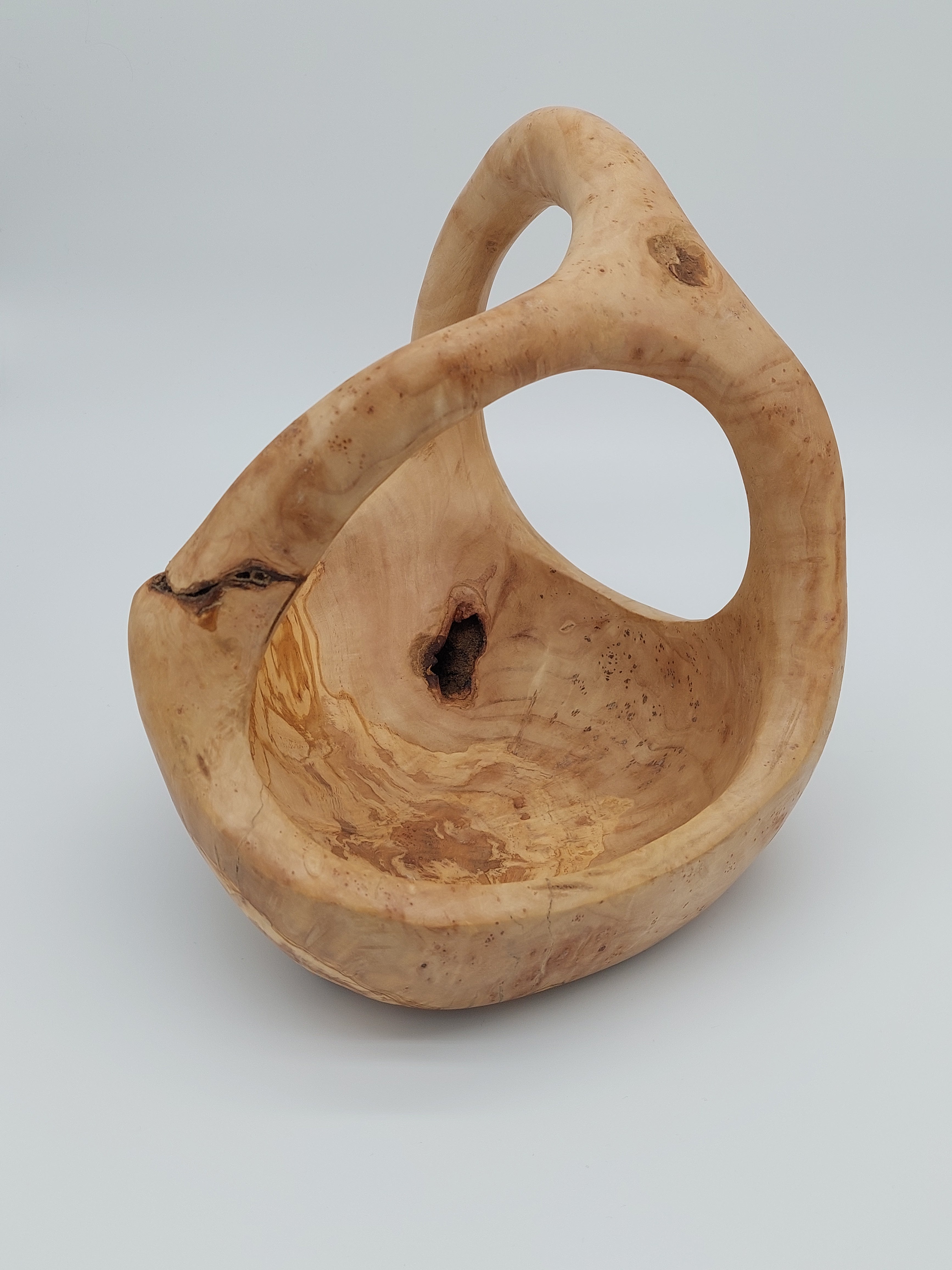 Olivenholz Obstkorb mit Henkel handgefertigt (27 x 24 x 25 cm)