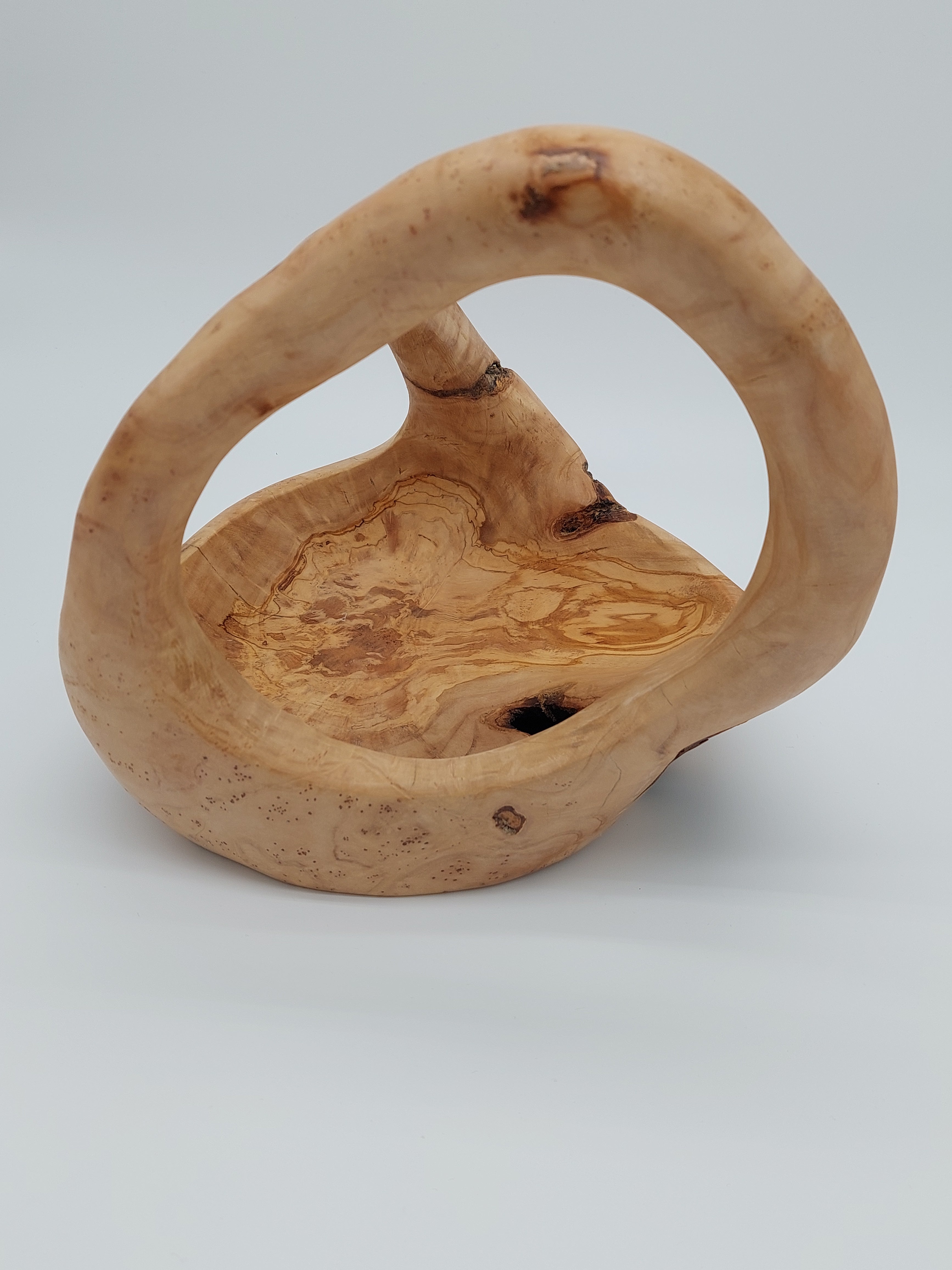 Olivenholz Obstkorb mit Henkel handgefertigt (27 x 24 x 25 cm)