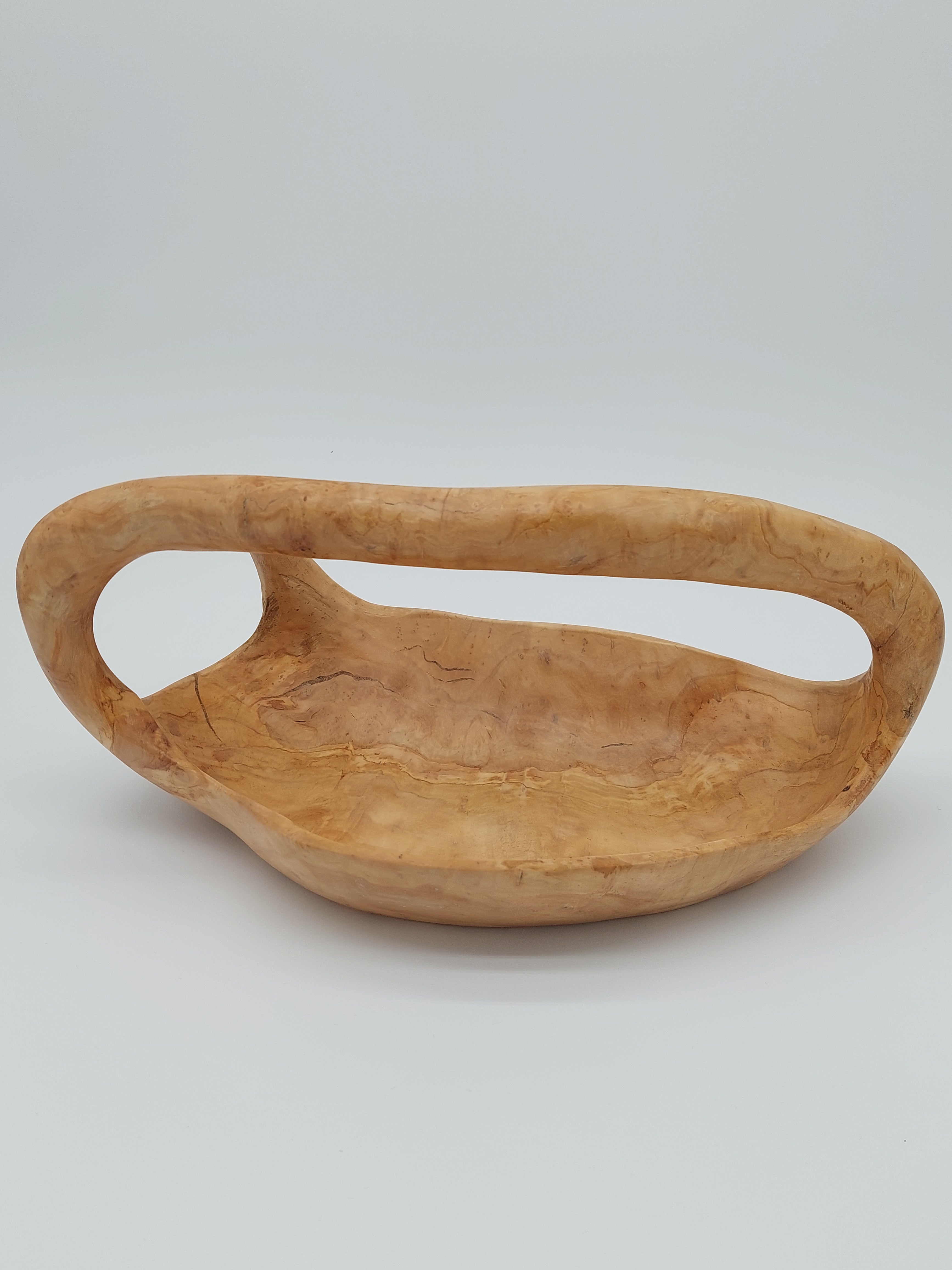Olivenholz Obstschiffchen mit Henkel handgefertigt (34 x 18 x 15 cm)