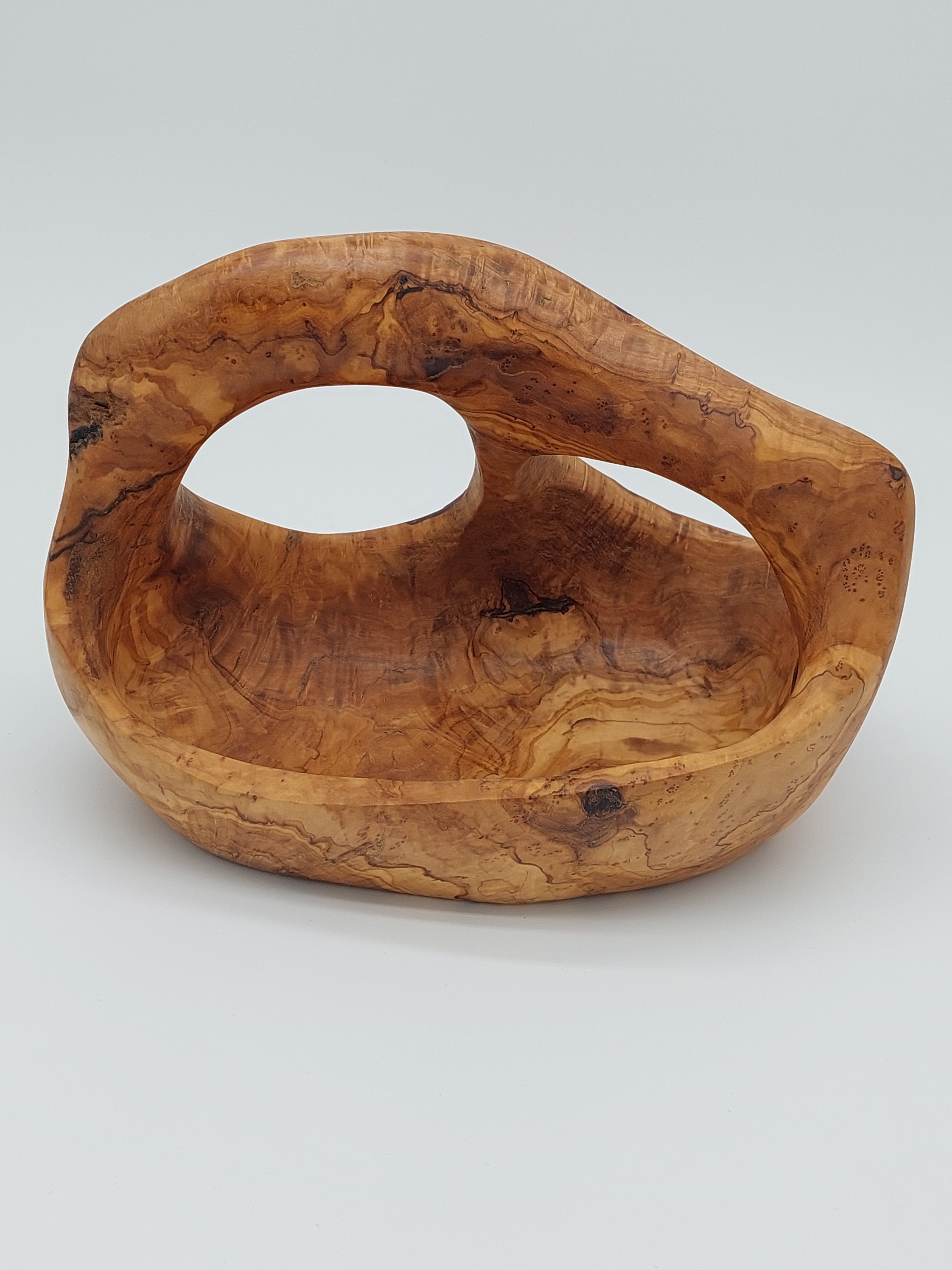 Olivenholz Obstkorb kompakt mit Henkel handgefertigt (26 x 17 x 18 cm)