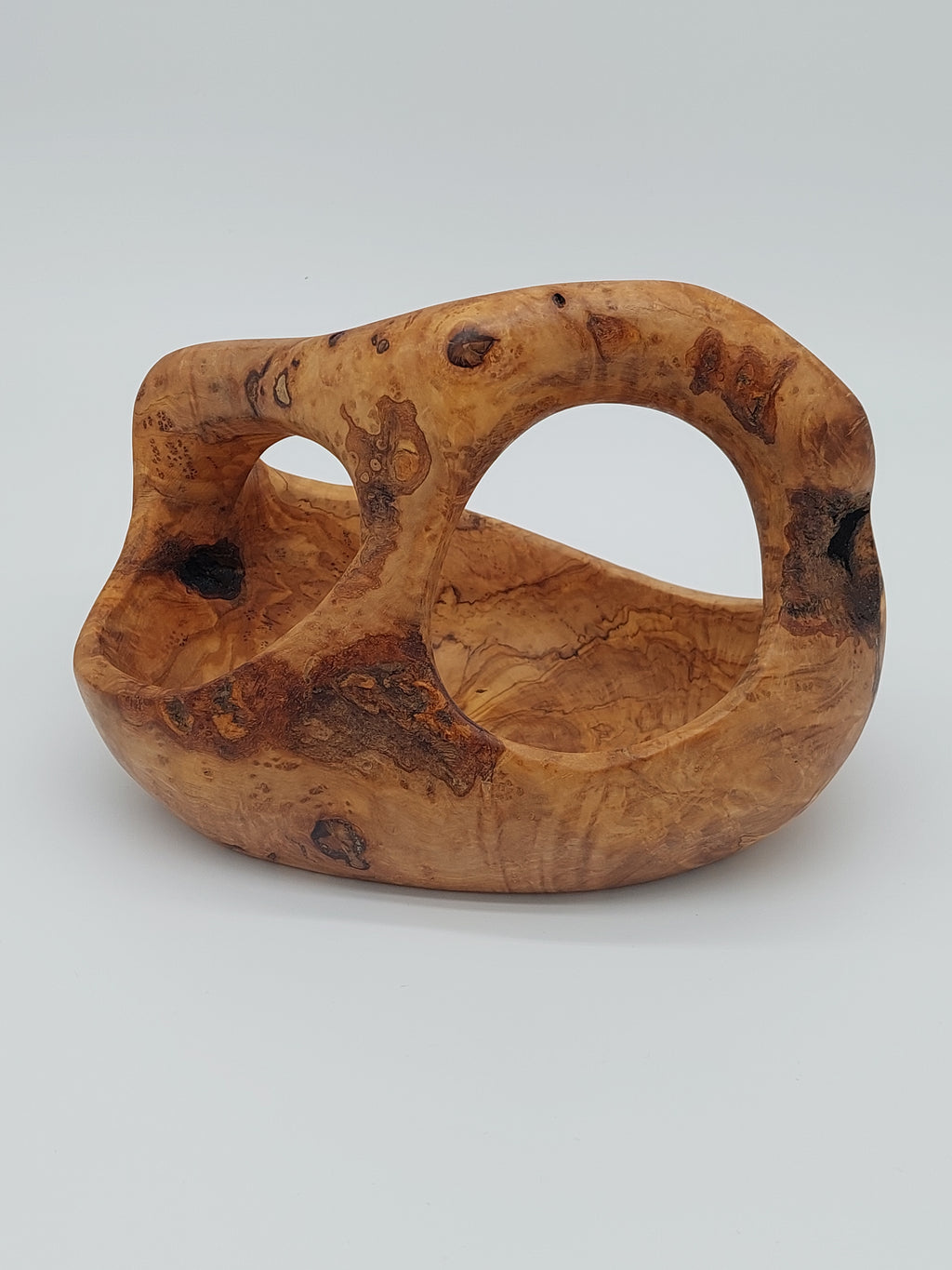 Olivenholz Obstkorb kompakt mit Henkel handgefertigt (26 x 17 x 18 cm)