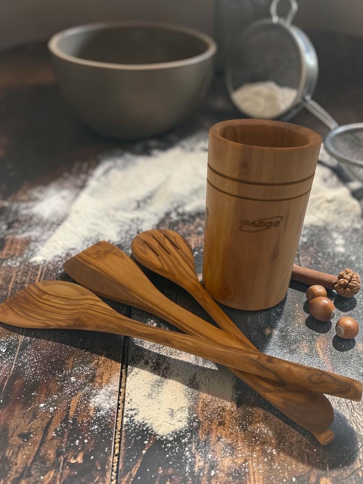 Olivenholz Kochlöffel & Pfannenwender Set mit Utensilienhalter (4-teilig)