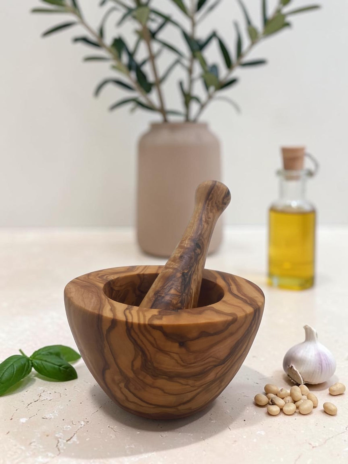 Olivenholz Mörser und Stößel handgefertigt (Gewürzmörser Ø 13 cm)