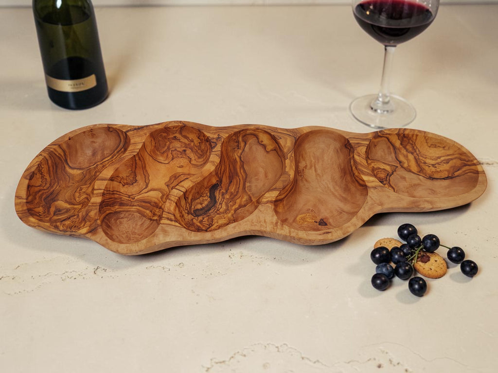 Olivenholz Antipasti-Schale 5-geteilt handgefertigt (47 x 16 cm)