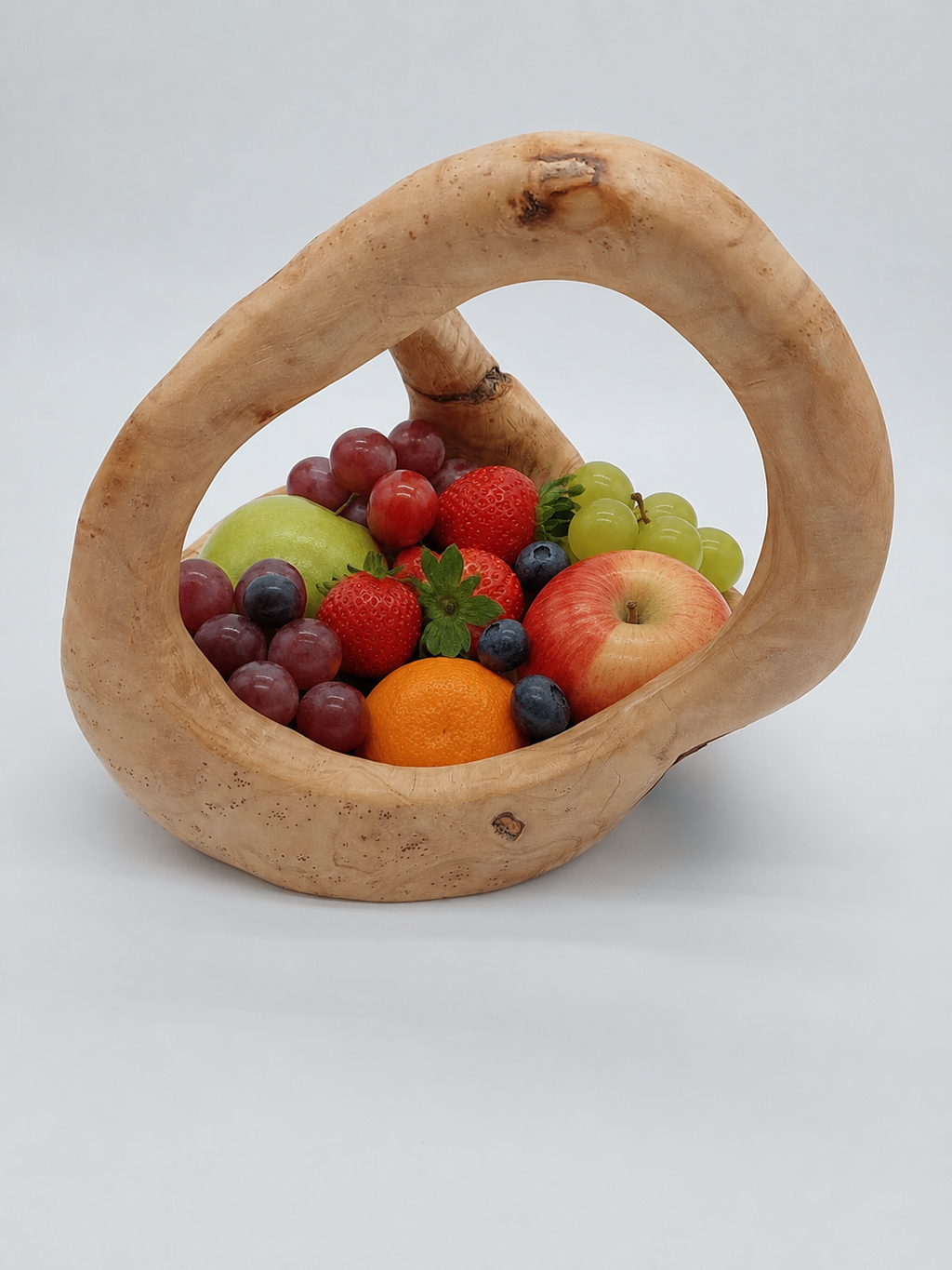 Olivenholz Obstkorb mit Henkel handgefertigt (27 x 24 x 25 cm)
