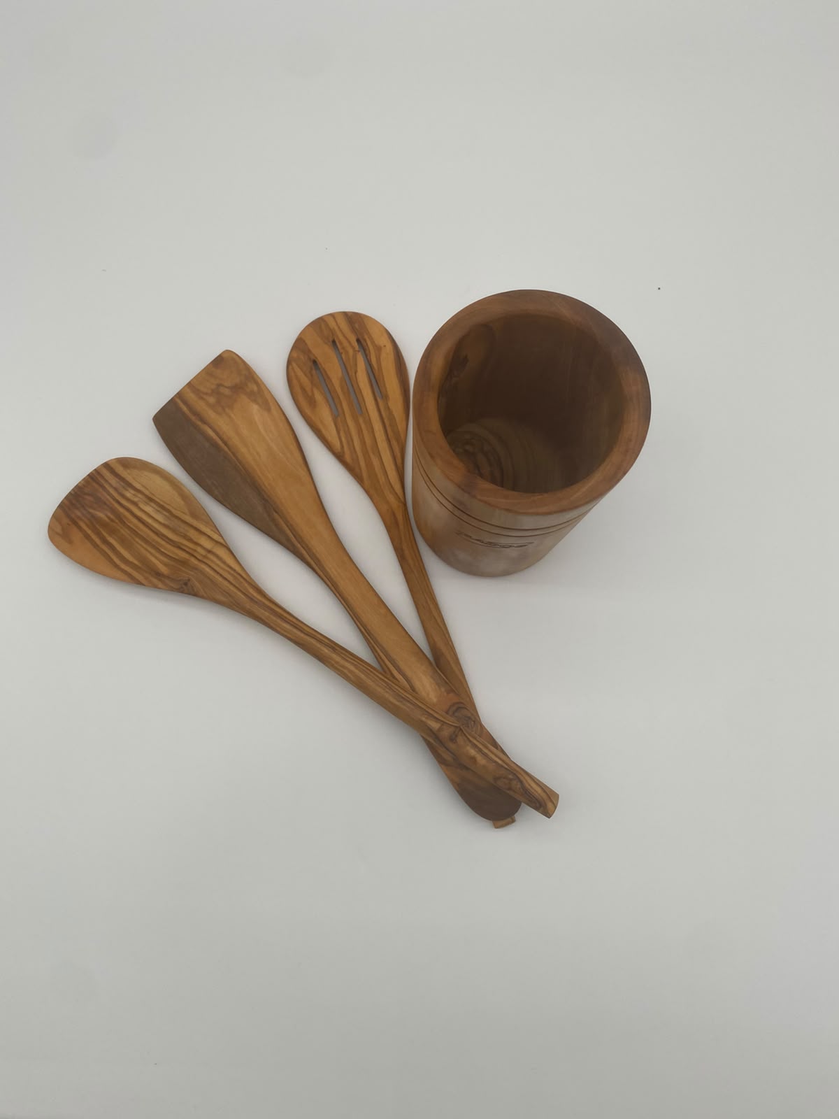 Olivenholz Kochlöffel & Pfannenwender Set mit Utensilienhalter (4-teilig)