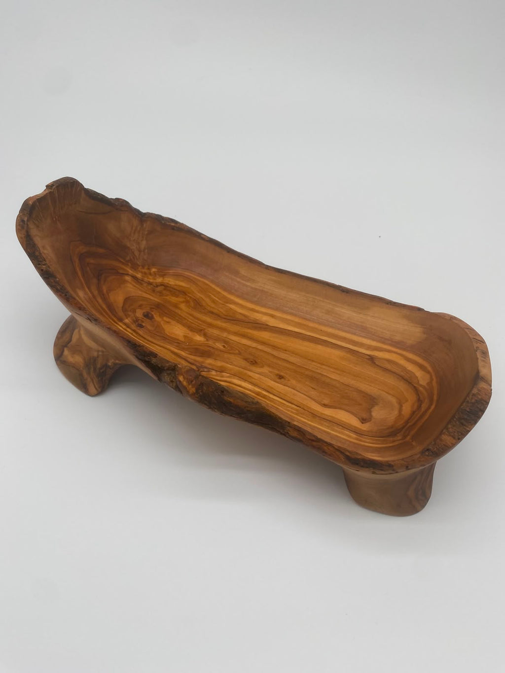 Olivenholz Obstschale auf 3 Beinen handgefertigt (Rustikaler Holz-Trog)
