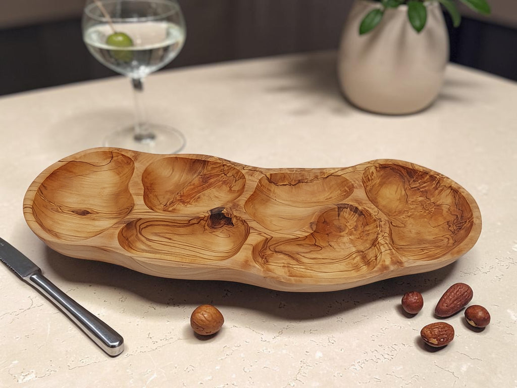 Olivenholz Antipasti-Schale 6-geteilt handgefertigt (42 x 18 cm)