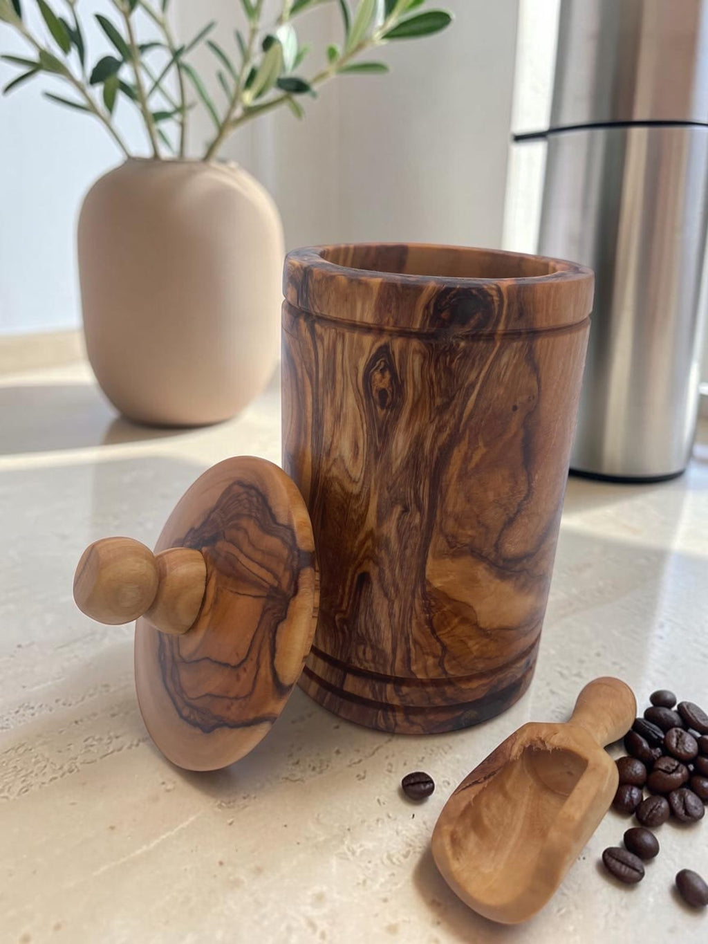 Olivenholz Kaffeedose mit Deckel & Kaffeeschaufel (Ø 7 cm)